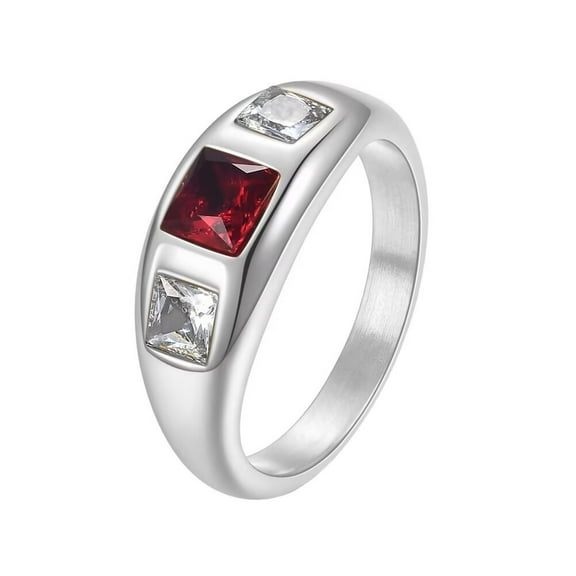PAURO Women's Stainless Steel Minimalist Red White Zirconia Rings Inlay 3 Stone Wedding Statement Band Silver Size 8