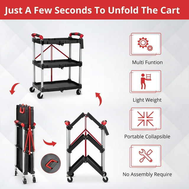 Chariot Utilitaire Pliable à 3 Niveaux – Robuste, Sans Assemblage, 56 lb par Tablette, Roues Verrouillables, Chariot de Rangement Pliable – Spécifications USA