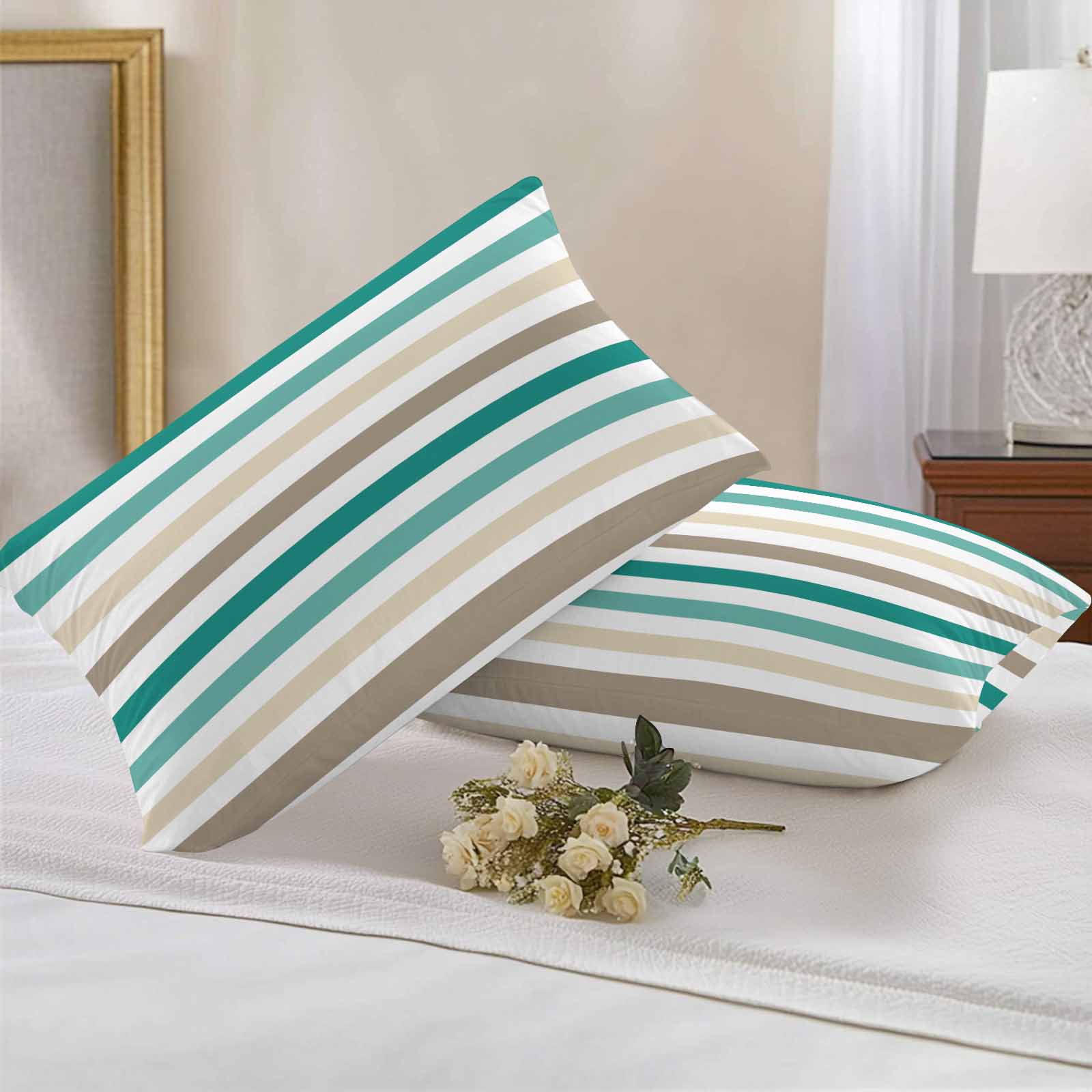 Brown Beige Teal White Striped Outdoor Pillow Covers Set of 2 Modern Minimalist Lines Waterproof Throw Pillow Case Decorative Square Cushion Cover for Patio Couch Garden Balcony, 20"x12"