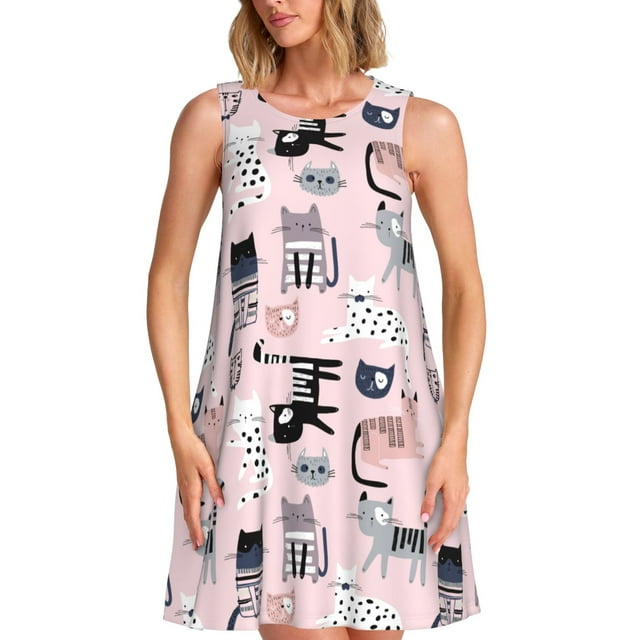 Vsdgher Robes d'Été Imprimé Chat pour Femmes Robe de Plage Décontractée Col en U Sans Manches Robe d'Été Ample avec Poche
