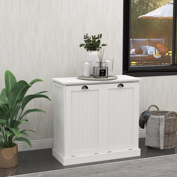 Double Tilt Out Trash Cabinet, White Free Standing Laundry Sorter Cabinet with Removable Two-Compartment Tilt-Out Hamper Clothes Basket, Hidden Laundry Hamper, Wood Bathroom Storage
