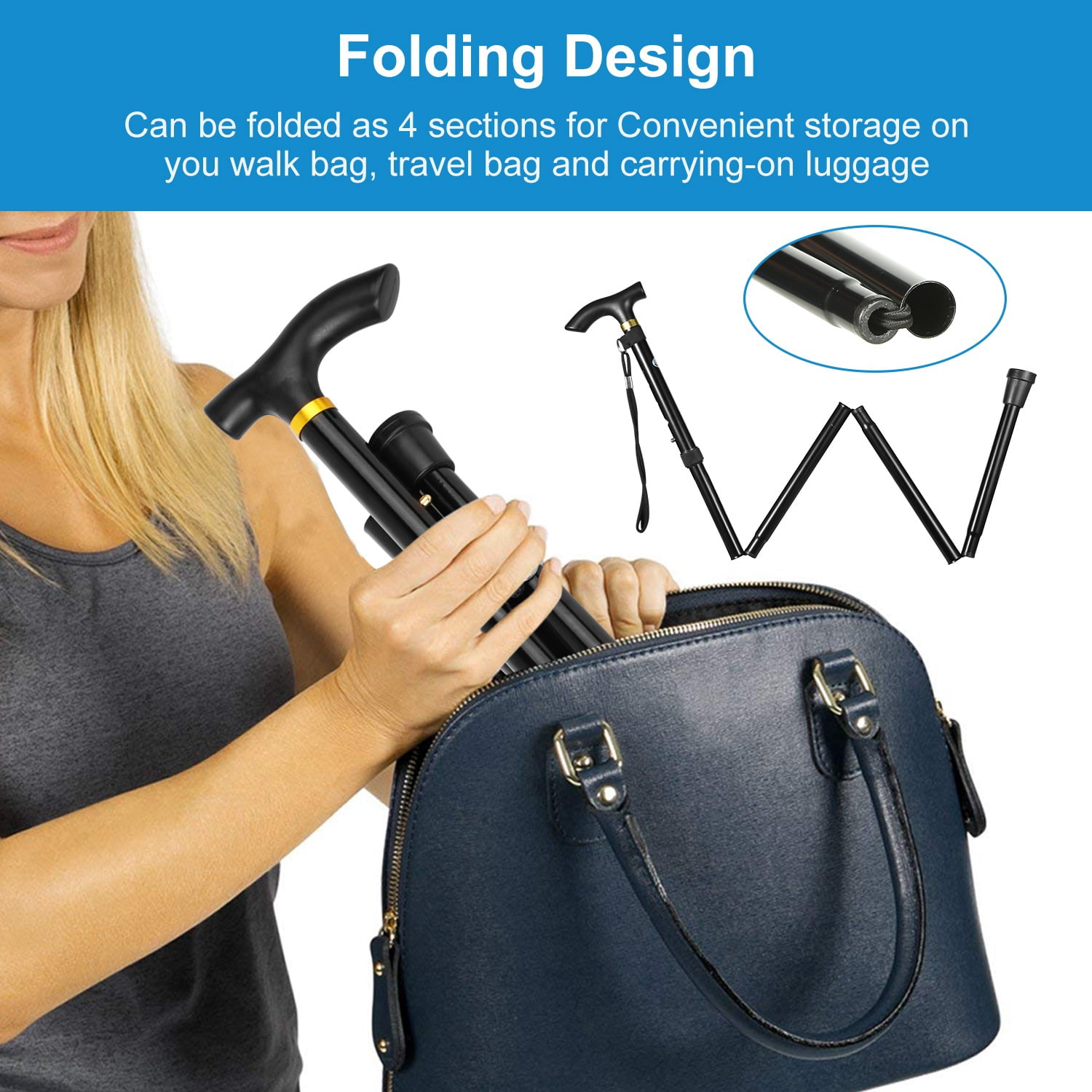 Folding Trekking Hiking Pole, Collapsible Cane Adjustable Travel Walking Stick Portable Mobility Aid for Women Men Hikers Gift, Black