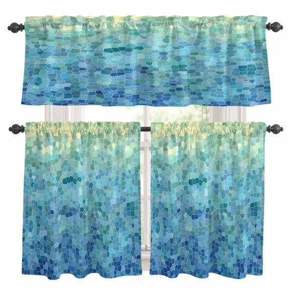 Turquoise Blue Teal Kitchen Curtains Sets for Windows 36 Inch Length, Chic Stained Glass Texture Aesthetic Rod Pocket Window Treatments Tier Curtains and Valances Set for Bedroom/Bathroom