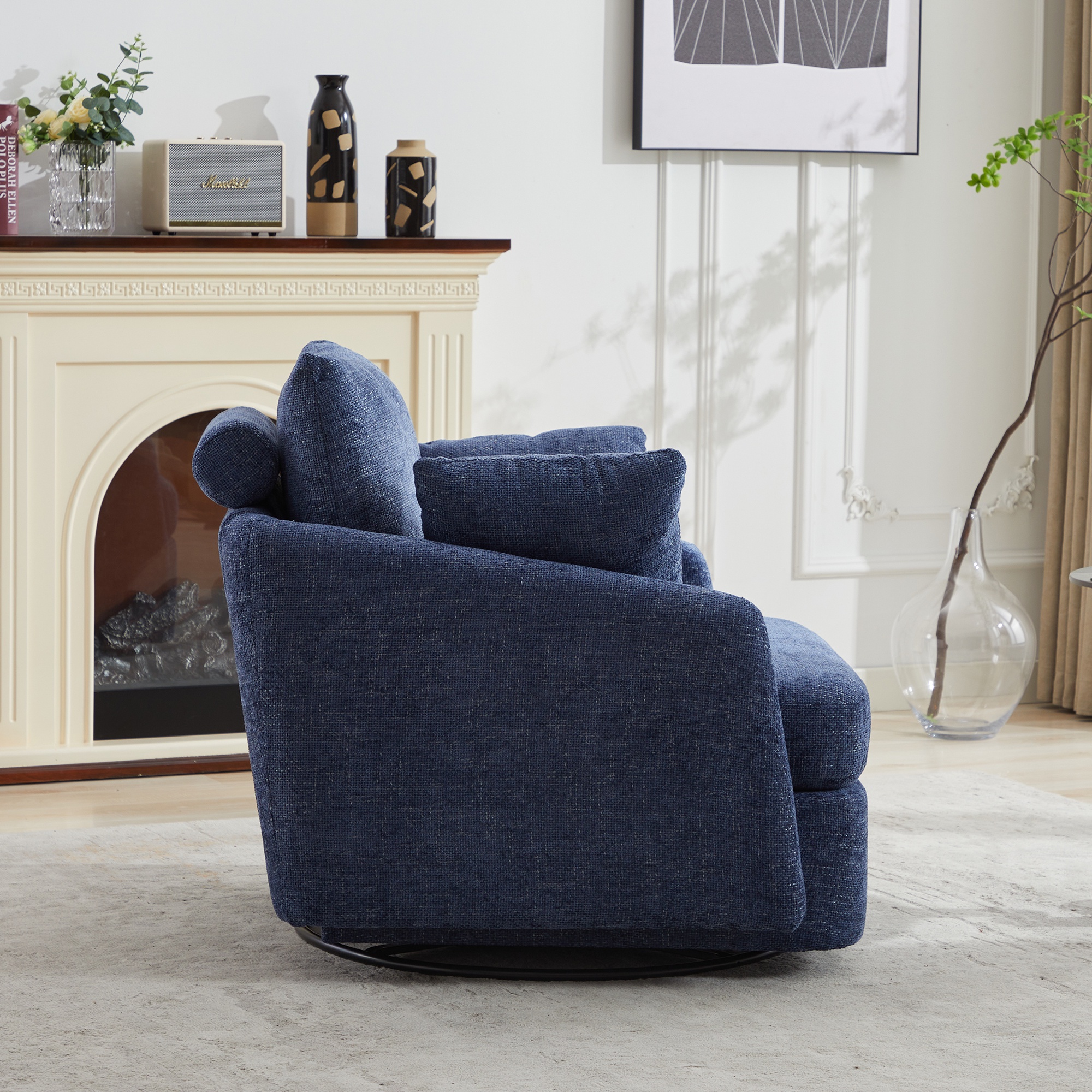 PORKISS Swivel Accent Chair, Modern Barrel Chair with 2 Thorw Pillows, Oversized Comfy Round Armchair Reading Chair, Comfy Chair for Bedroom Living Room, Navy