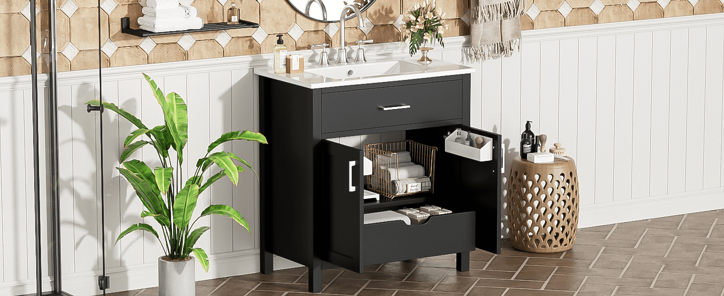 MAYEERTY 30" Black Bathroom Vanity - Ceramic Sink, Ample Storage, Modern Style for Bathroom