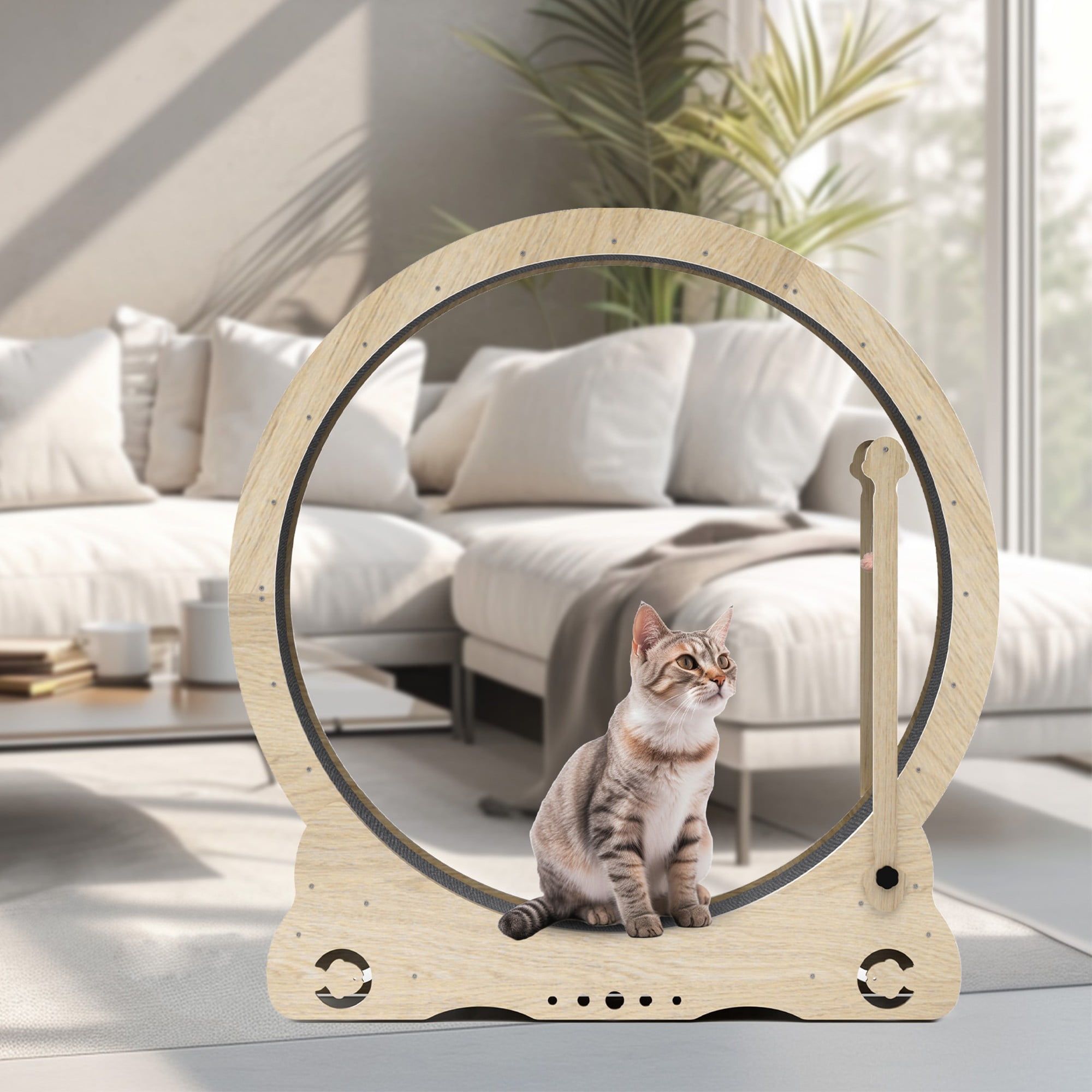 resenkos 41" Cat Exercise Wheel for Indoor Cat, Large Cat Running Wheel with Carpeted Runway, Cat Treadmill Wheel with Teaser Equipment, Beige