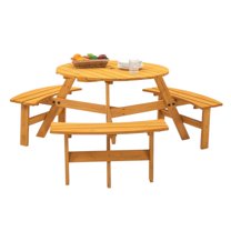 IVV 6-Person Circular Outdoor Wooden Picnic Table w/ 3 Built-In Benches, Outdoor Camping Dining Table with Seat, 500lbs Capacity - Natural