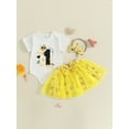 thumbnail image 4 of BemeyourBBs Infant Baby Girl First Birthday Outfit 1st Years Old Birthday Clothes Bee Letter Print Crew Neck Short Sleeve Romper Mesh Skirt and Bow Headband 3 Pcs Set, 4 of 9