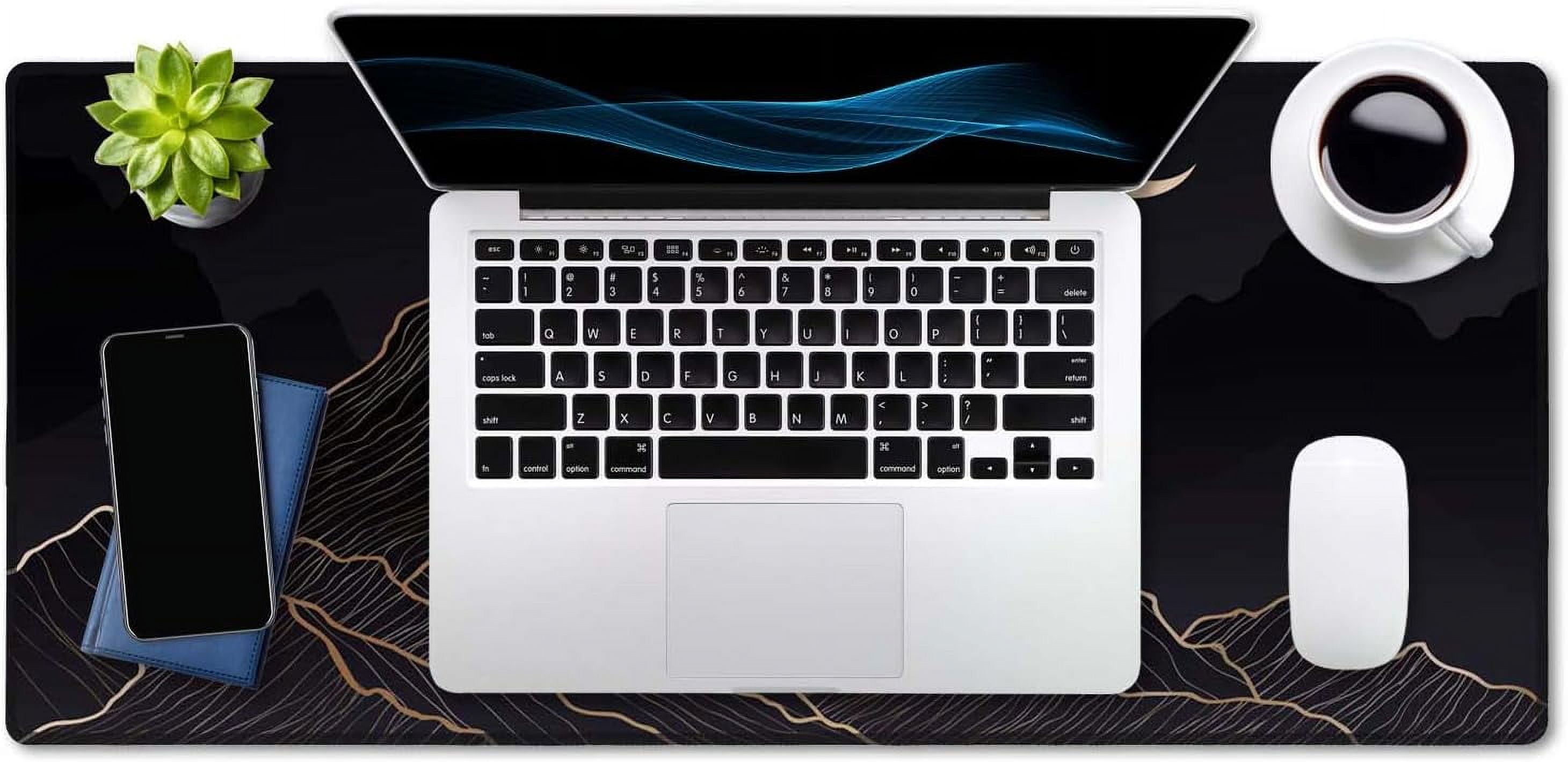 Mountain & Moon Landscape Black Desk Mat, Boho Desk Mat, Mountain Desk Mat, Large Mouse Pad, Full Desk XXL Extended Gaming Mouse Pad 35.5" X 15.7", Waterproof Desk Mat Stitched Edges