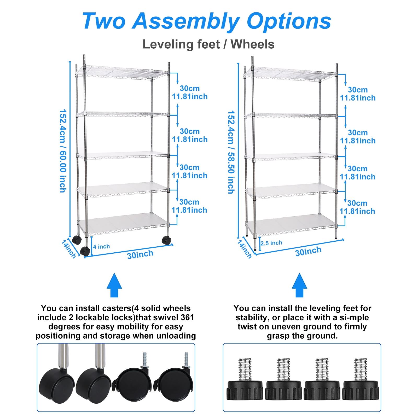 Miniyam 5 Tier Wire Shelf Unit with Casters, 750 lb Capacity, Chrome