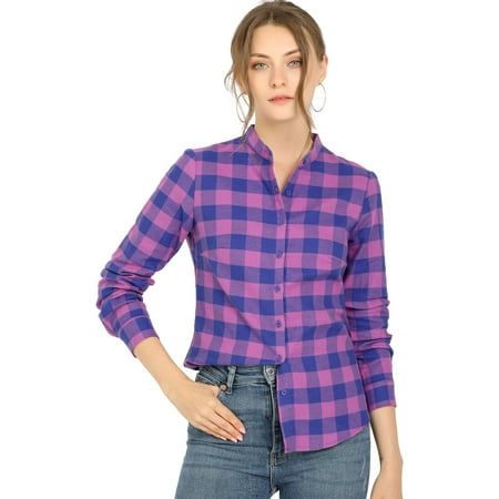 Allegra K Women's Stand Collar Long Sleeve Cotton Plaid Shirt | Walmart ...
