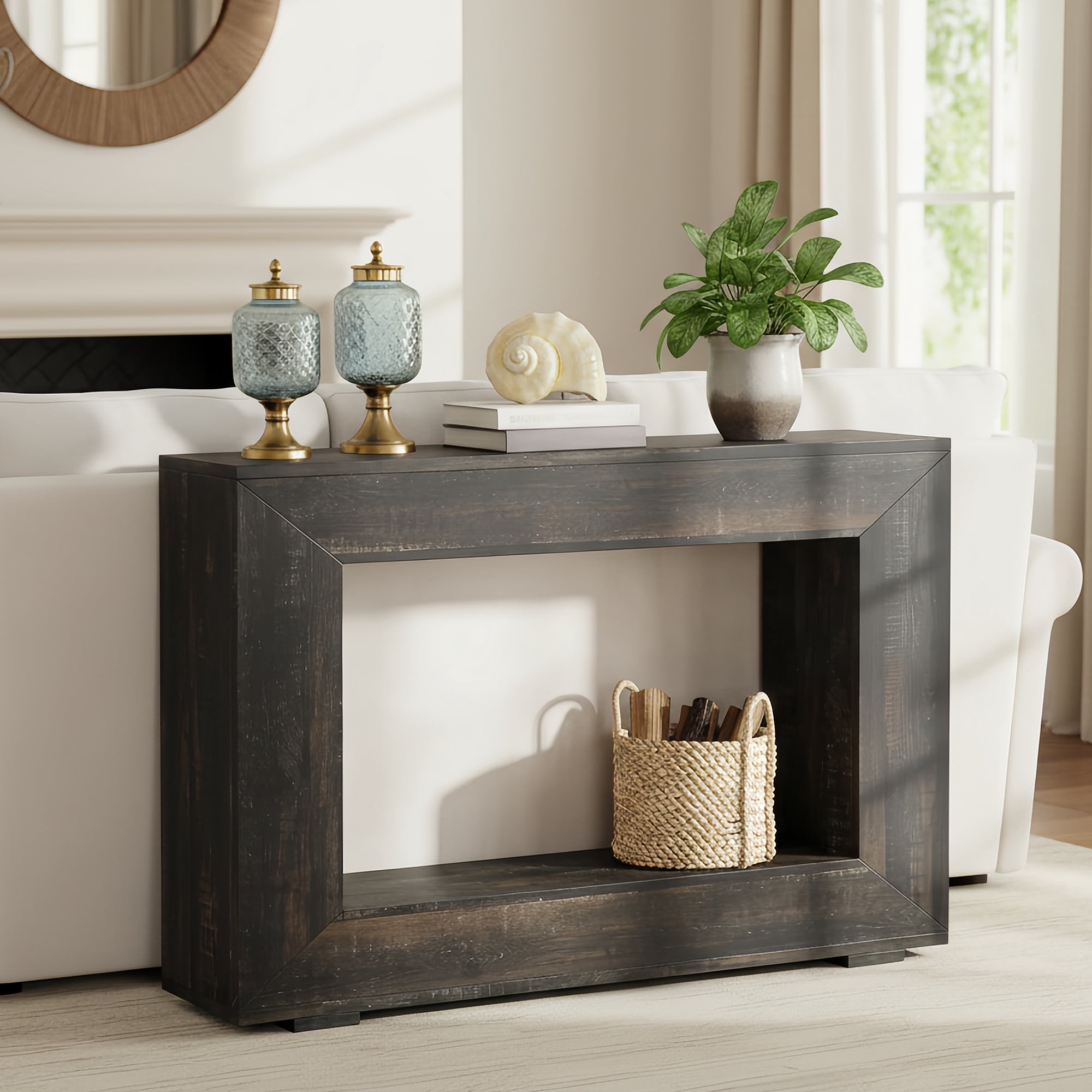 47" Farmhouse Industrial Console Table, Storage Entryway Table For Living Room, Foyer & Entrance With Wood Grain Finish (Black)