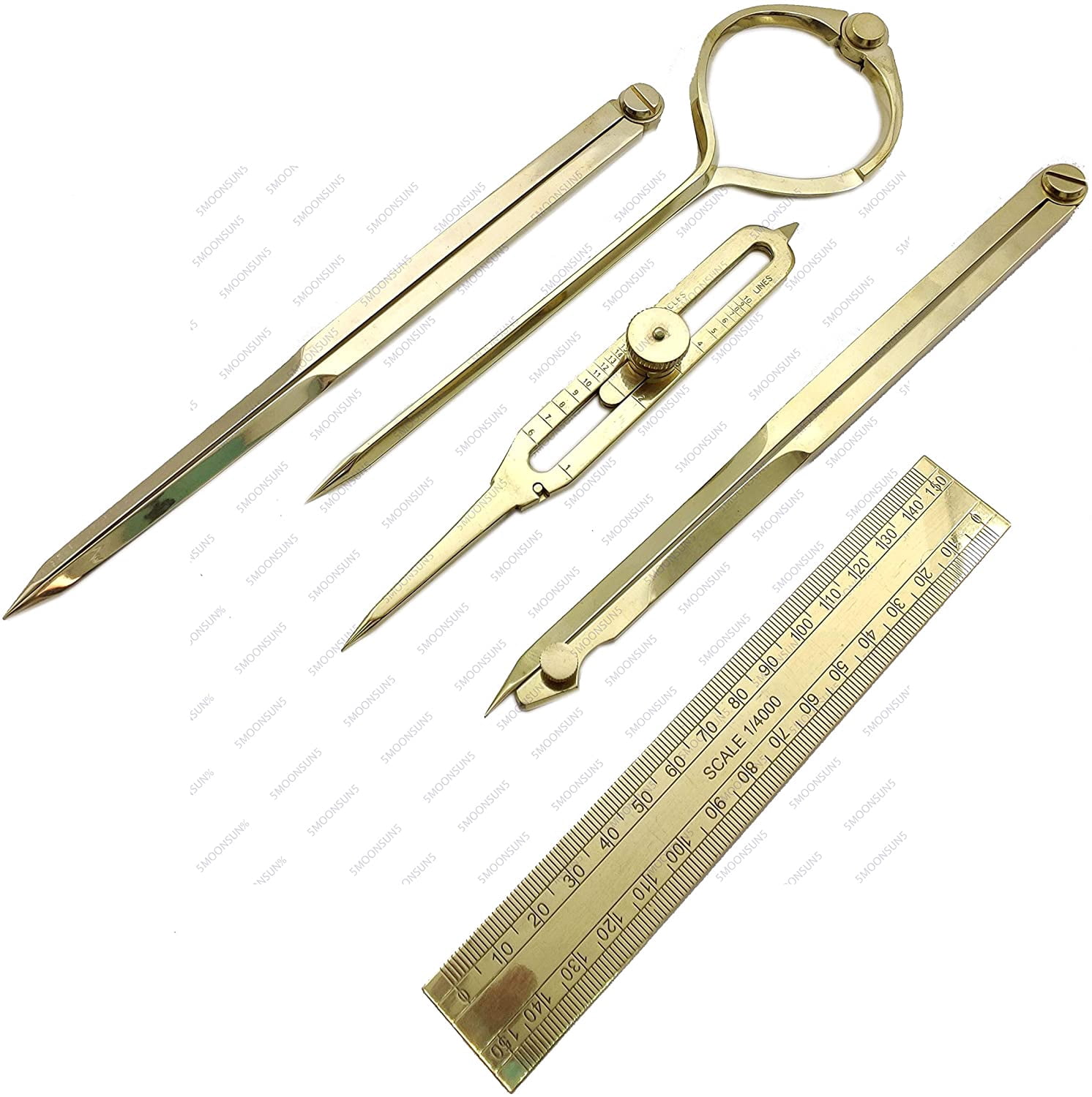 5MOONSUN5's Proportional Divider Set of 5, Full Brass dividers with Executive Wooden Box, Single Handed 8" Brass Navigational Dividers Compass Set for Maritime, Naval, Geometry and Drafting