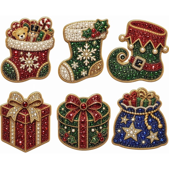 DIY Diamond Art Pearl Painting Fridge Magnet Crafts, 6-Pack Christmas Kit with Santa, Snowman, Reindeer, Tree & Stocking Designs, Snowflake Shape