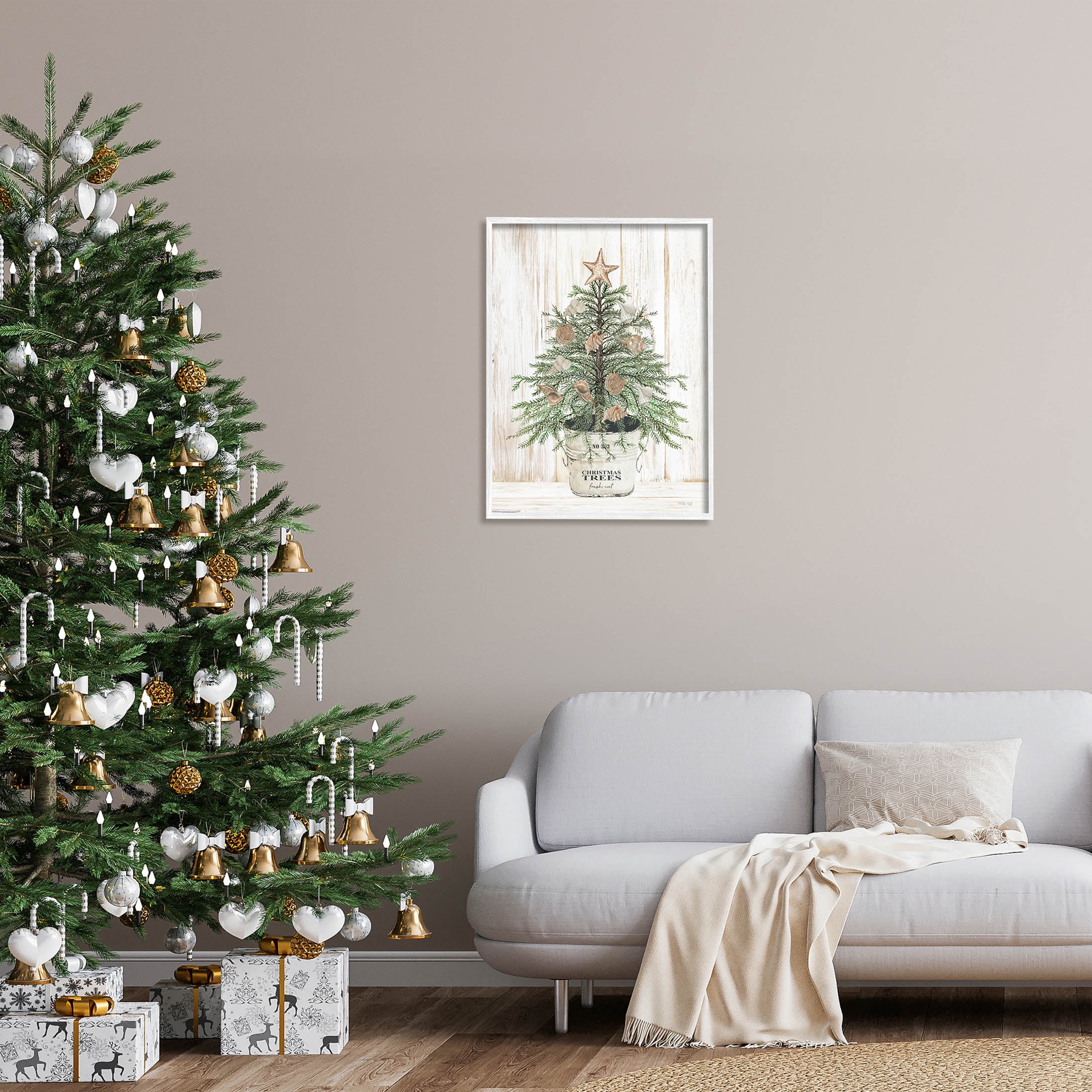 Rustic Seashell Christmas Tree Holiday Graphic Art White Framed Art Print Wall Art