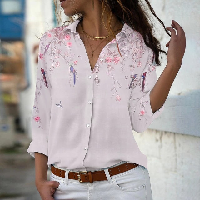 MITCOWBOY Hauts pour Femmes, Chemises à Imprimé Floral pour Femmes Manches Retroussables Col en V Blouses Décontractées pour le Travail, Chemises pour Femmes, Chemises Roses pour Femmes, Rose TG (Liquidation)