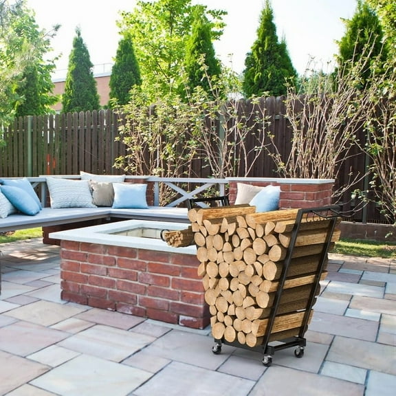 1pc Firewood Rack On Wheels, Rolling Cart Log Rack Holder Indoor Outdoor Wood Stand with Handle, 4 Hooks & Removable Kindling Rack, Firewood Rack