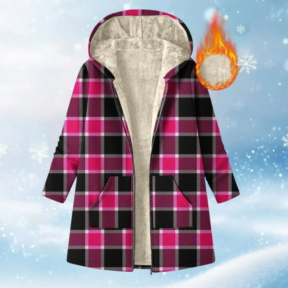 Plaid Jackets for Women Casual Long Sleeve Shacket Thick Fleece Lined Hooded Coat Warm Coat Winter Outerwear New Winter Jackets for Women Lightweight Pinks XL
