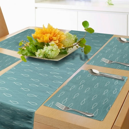 

Wave Table Runner & Placemats Abstract Pattern in Calm Colors and Fish Sketches Nautical Sea Animals Doodle Set for Dining Table Placemat 4 pcs + Runner 12 x72 White and Pale Teal by Ambesonne