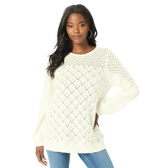 Roaman's Women's Plus Size Rhinestone Pointelle Knit Sweater