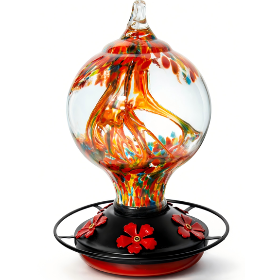 Novoto Hummingbird Feeder for Outdoors Hanging, 34 Oz, Hand Blown Gift Inner Glass Décor for Garden, Ant Moat & Bee-Resistant Ports, Decoration Stained Humming Bird Feeders, Sunset Red