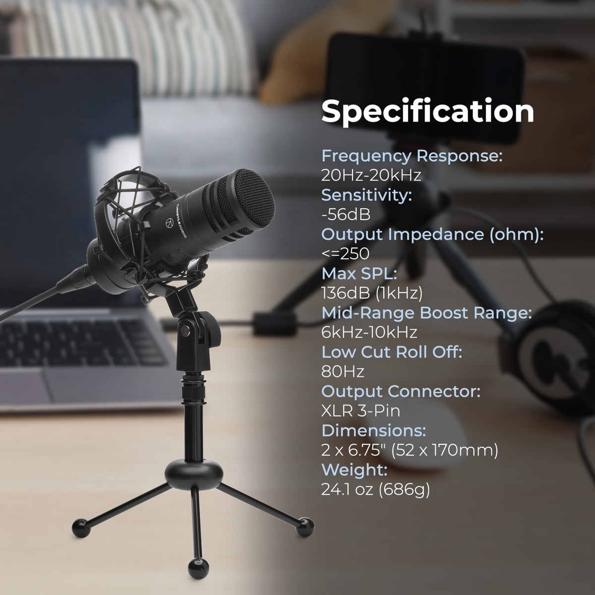 Turnstile Audio Platform Series TAP500 Cardioid Dynamic Broadcast Microphone for Podcast, Recording, Music, Speech, Wide-Range Frequency, Natural Sound, Mid-Boost, Streaming, Studio, Low-Cut Function