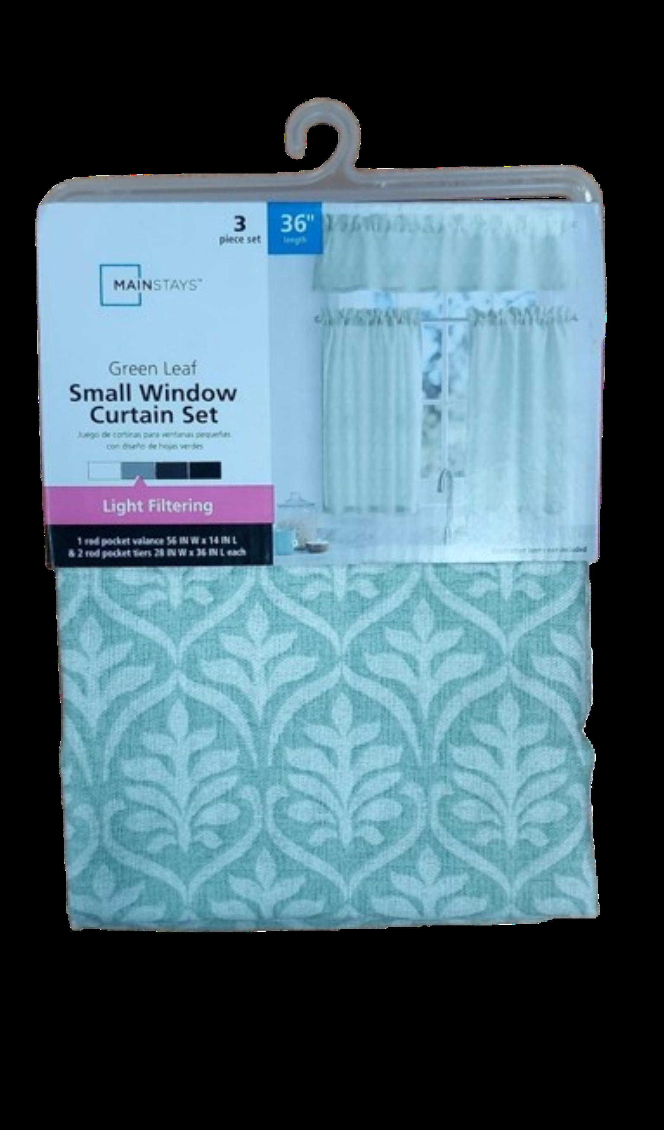 Mainstays 3 Piece Printed Tiers and Valance Set - Green Leaf, Seafoam, Recycled Polyester, BCI Cotton, 56"W x 14"L, Indoor Curtain, Adult