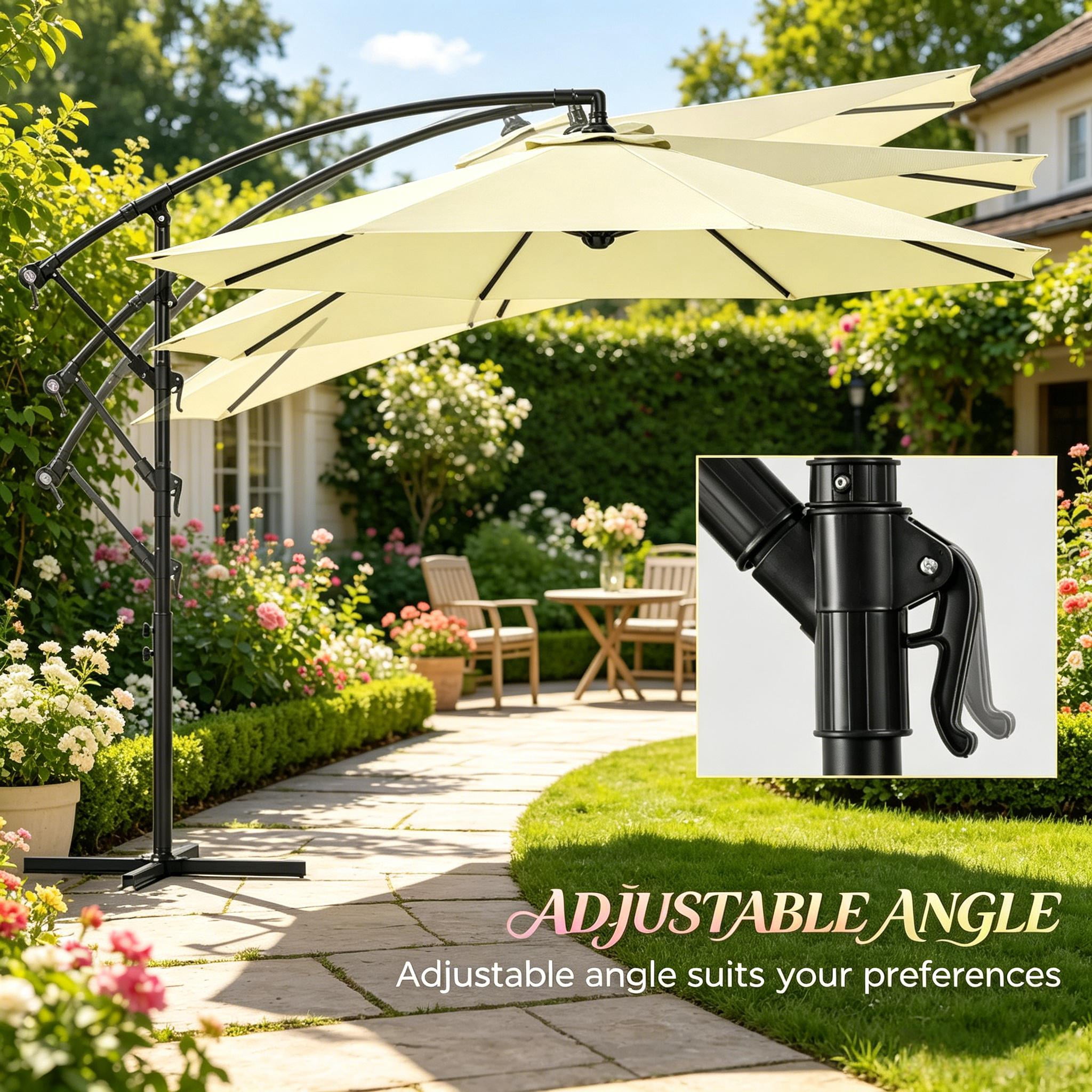 10ft Beige Offset Patio Cantilever Umbrella with Stable Base, Adjustable Tilt Crank Operated Outdoor Sun Shade, UV & Water Resistant Steel Frame for Garden Backyard