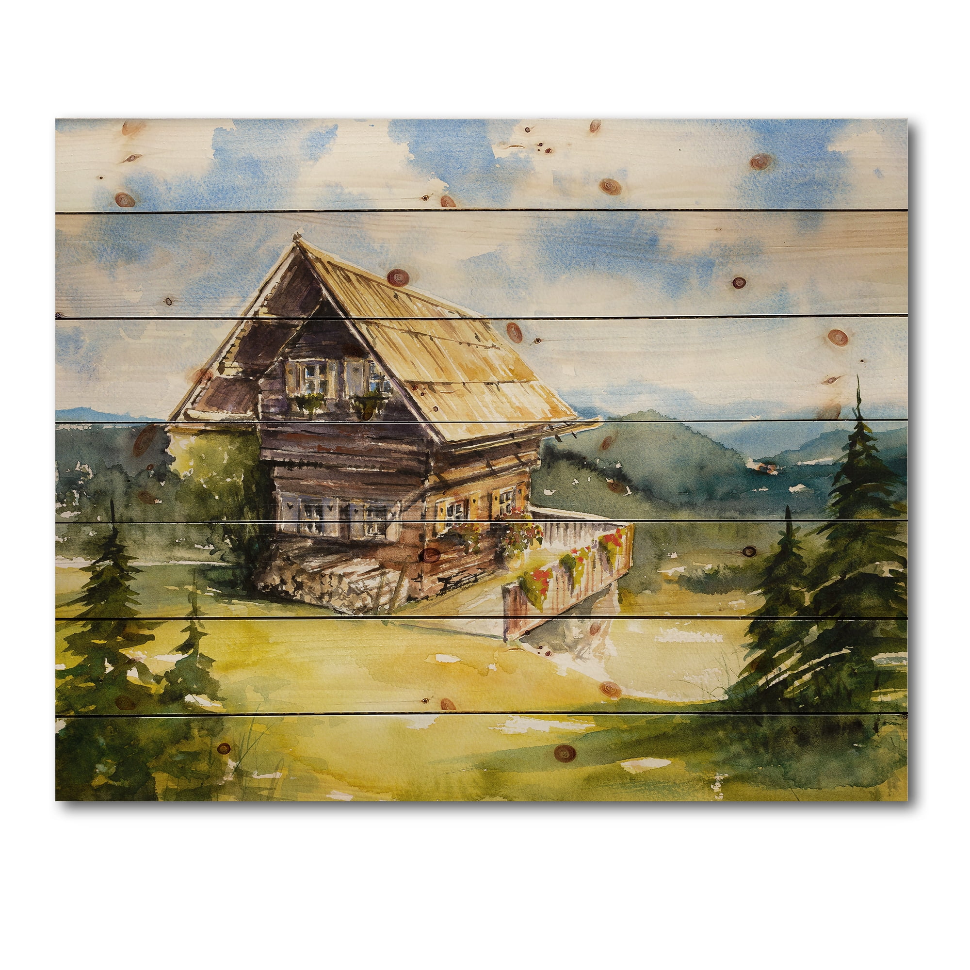 Designart 'Old Cottage At Summer With Peaceful Landscape' Traditional Print on Natural Pine Wood