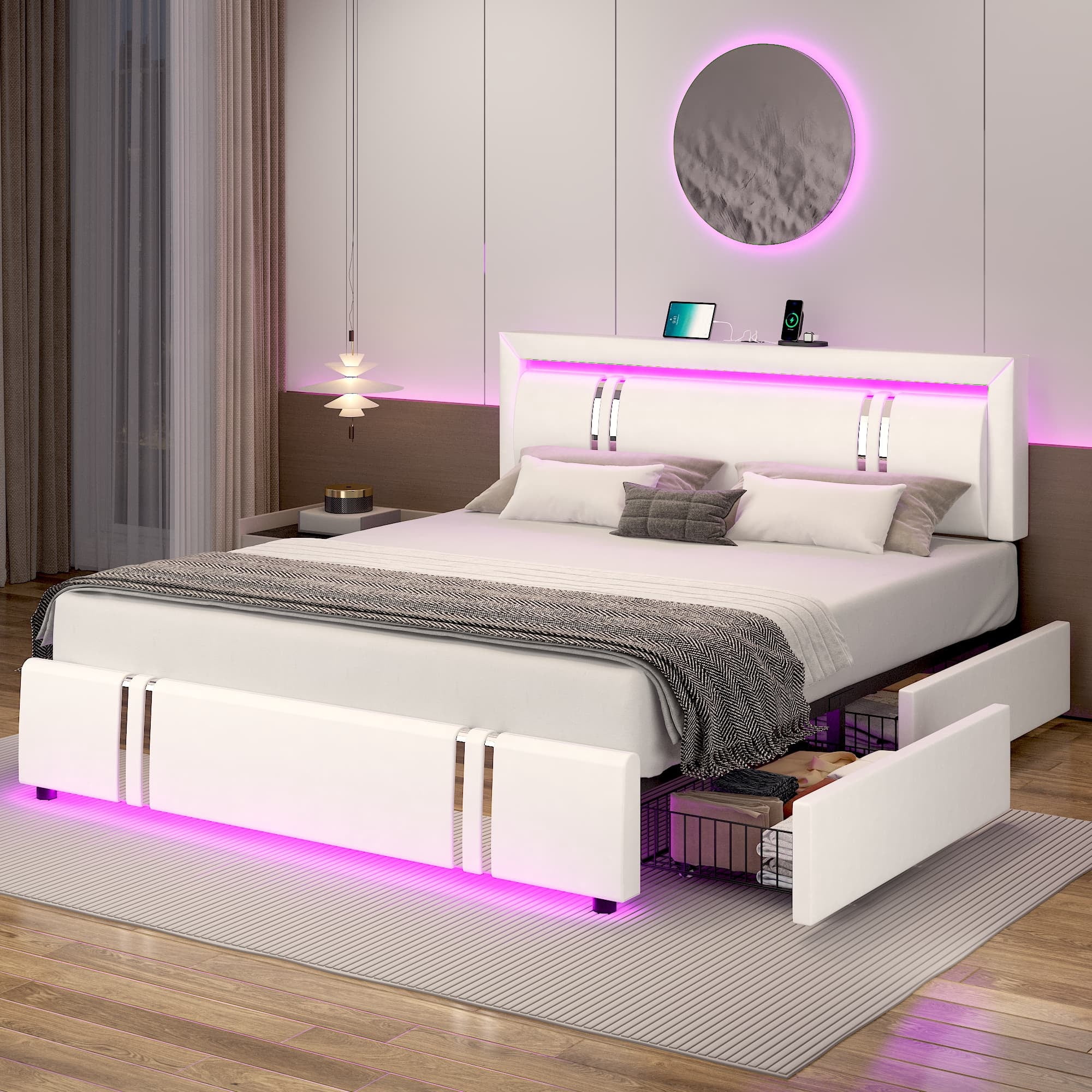 Blotout Faux Leather Bed Frame Queen Size with 4 Drawers & USB Charging Station & LED Light Headboard Footboard, Modern Upholstered Platform Bed, No Box Spring Needed, White