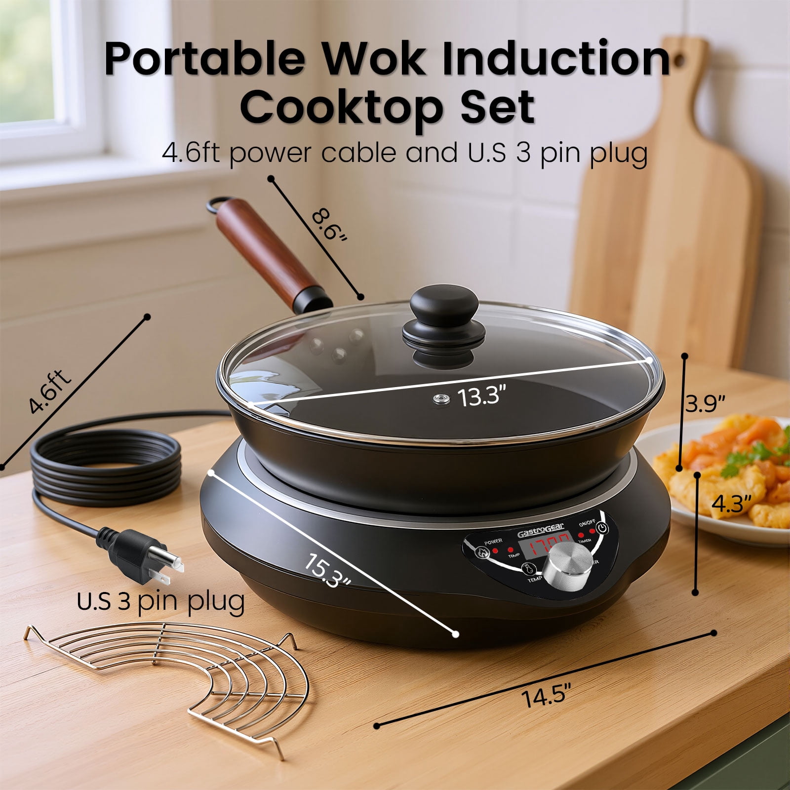 GastroGear 1700W 100V～185V Induction Cooktop Concave Curved Surface 2026 New Electric Stove Wok Burner 16 Watts 200~1700W Real Precise Power/Temp Ctrl Countertop Commercial Cooker Hot Plate Pot Count