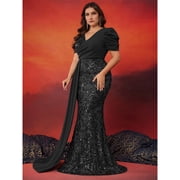 AURA Plus Size Evening Dress V Neck Short Sleeve Slim Fit Party Long Skirt Beaded Polyester