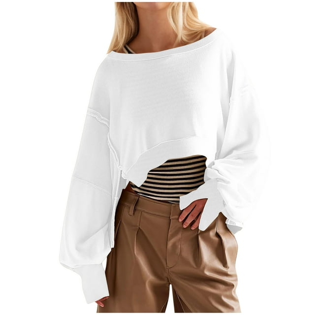 Timegard Womens Sweatshirts Crewneck Long Sleeve Drop Shoulder Side Split Pullover Casual Loose Crop Tops