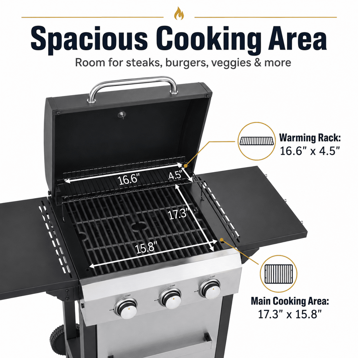 Enyopro 3 Burner Propane Gas Grill, Stainless Steel 36900BTU Barbecue Grill with Two Foldable Shelves, Cleaning Brush, 2 Wheels for Outdoor Cooking, for Patio Backyard and Camping