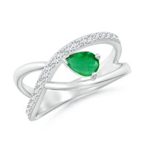 ANGARA Natural Criss Cross Pear Shaped Emerald Ring with Diamond Accents in 14K White Gold for Women (Size-6x4mm) | May Birthstone, Anniversary, Jewelry Gift for Women | Natural Emerald Ring