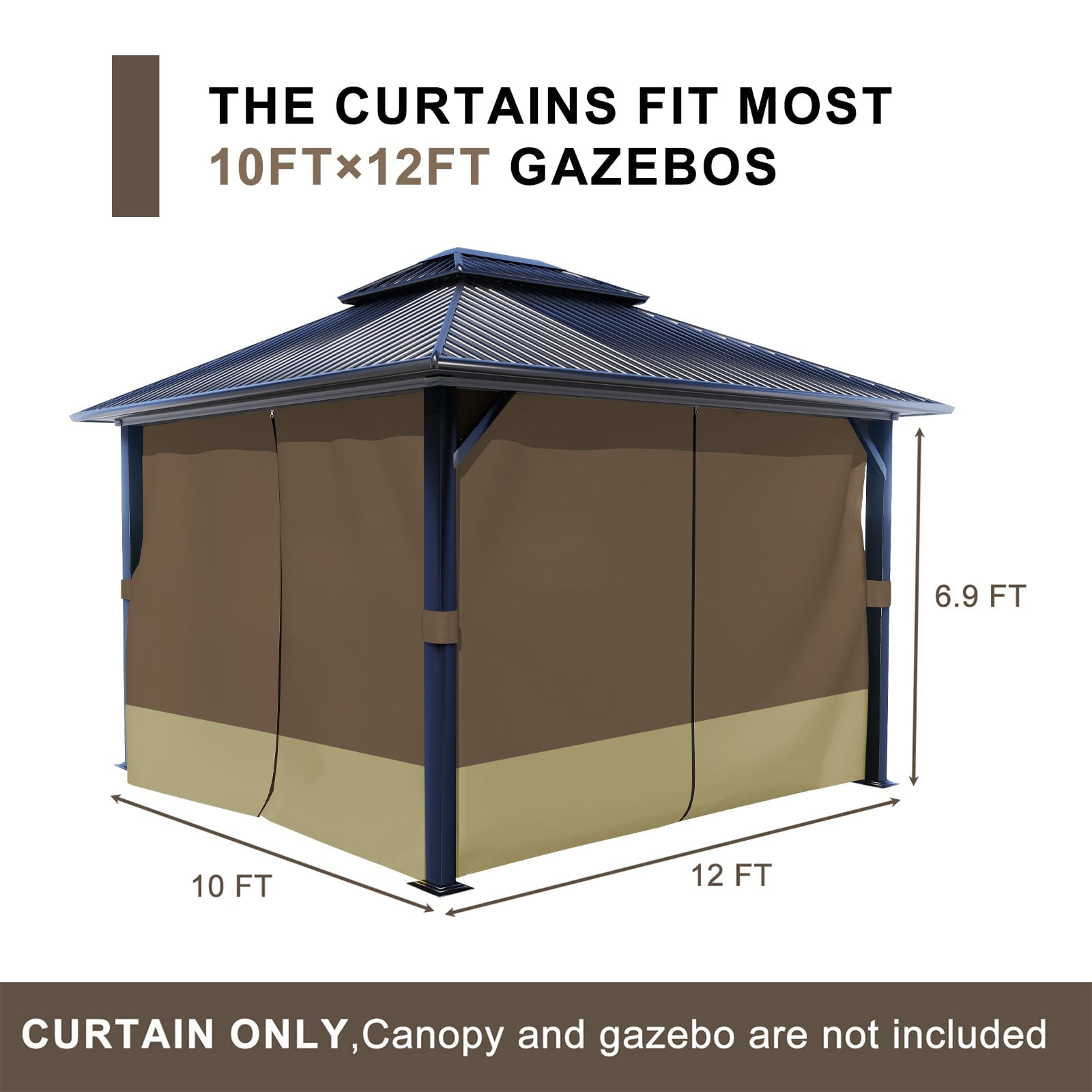 BPS 10'x12' Gazebo Replacement Curtain, Universal 4-Privacy Panel, Outdoor Gazebo Sidewalls with Zipper for Garden, Patio, Yard (Curtains Only)