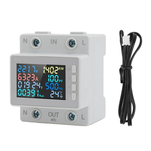 Medidor de amperios de voltios 64A 170 a 270V 0 a 17KW Medidor de electricidad con pantalla a color de memoria de apagado de riel guía para el hogar industrial