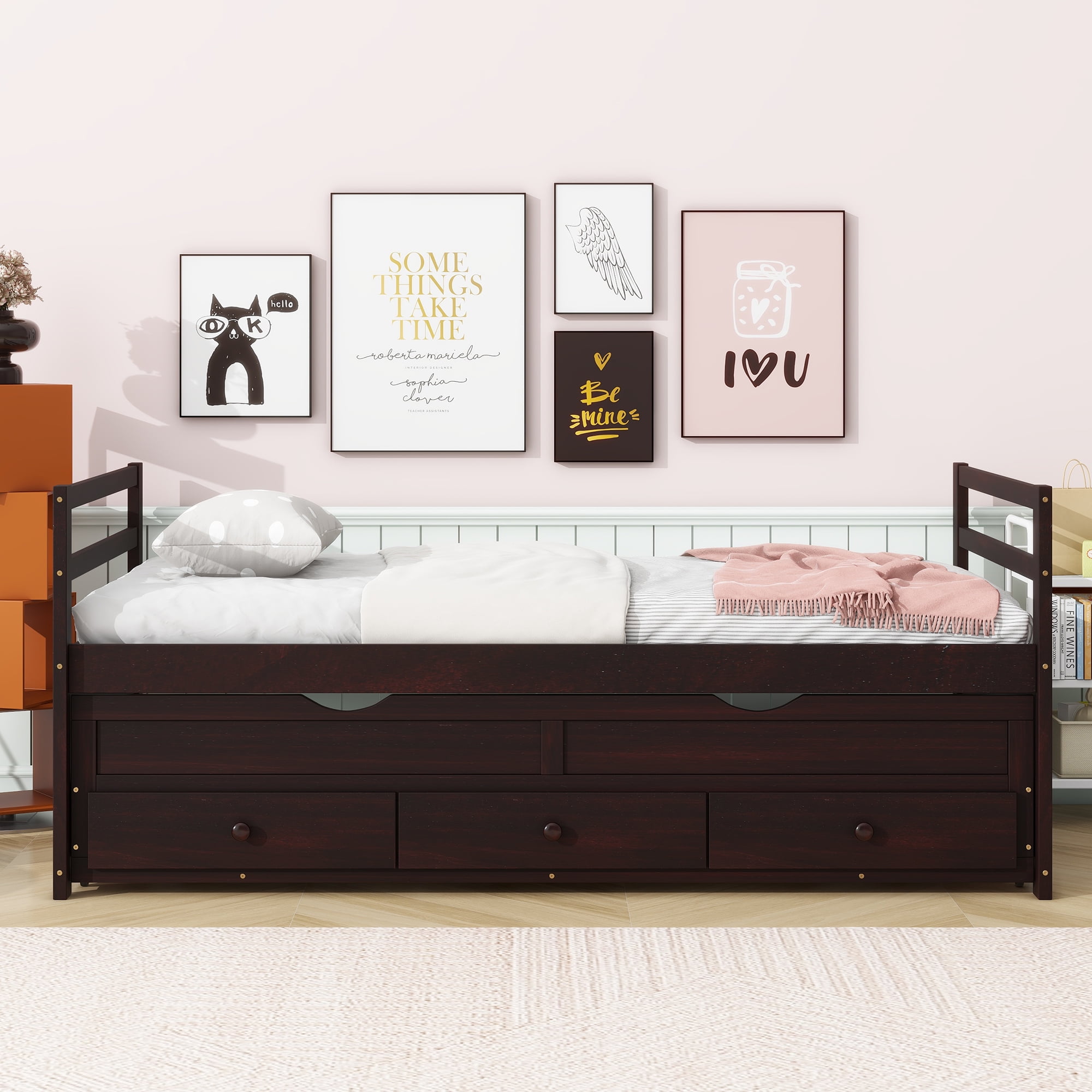 Miniyam Wood Twin Size Bed with Trundle, Storage Drawers for Kids, Espresso