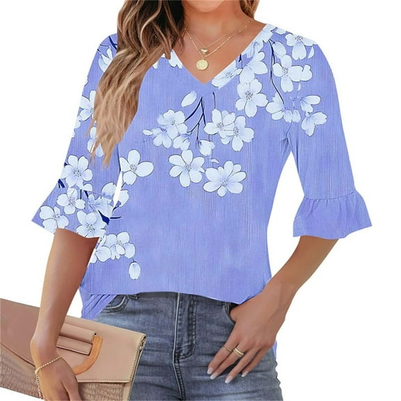 USSUMA Up to 65% Off Womens Summer Tops 3/4 Sleeve V Neck Floral Prints Stylish Loose Tunic Pullover Blouse Casual Ruffle T-Shirt Simple Oversized Fit Summer Tops for Costume Purple S