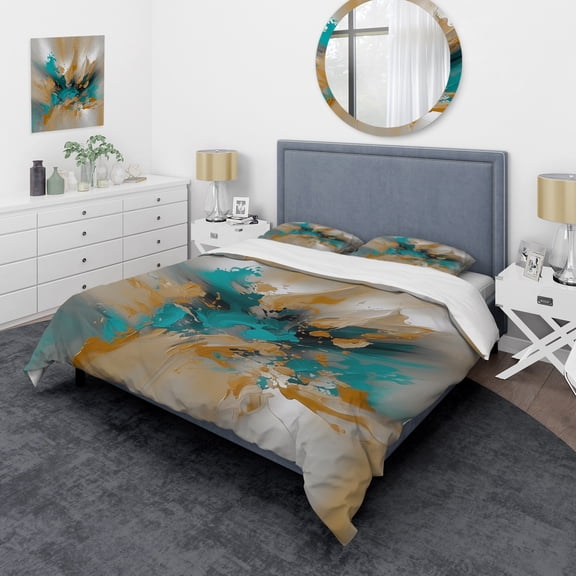 Designart "Turquoise Sun Liquid Marble" Abstract Marble Bedding Covert Set - Modern Yellow Abstract Bed Set With 2 Shams