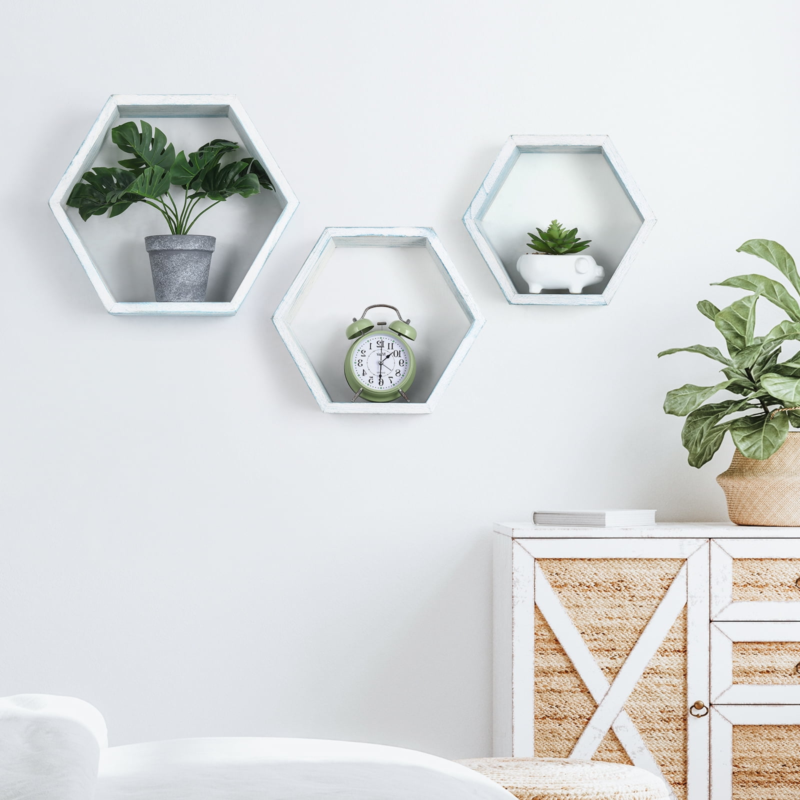 NEX Wooden Hexagon - 13" Rustic Floating Honeycomb Floating Shelf Set - Natural Wood in Light Blue White (3 Count)