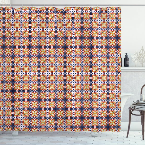 Yellow and Blue Shower Curtain, Colorful Grid Flower Pattern Ornamental Medieval Ethnic Eastern Design, Fabric Bathroom Set with Hooks, 69W X 75L Inches Long, Multicolor, by Ambesonne