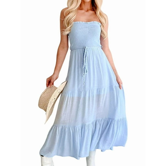 Women'S Summer Maxi Dress Casual Bohemian Style Backless Bandeau Ruffled Multi-Layered Long Beach Sundress Light Blue L