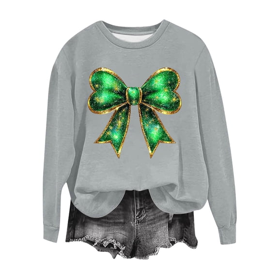 Saint Patricks Day Outfit Women Green Ribbon Bow Shirts Casual Long Sleeve Sweatshirt Crew Neck Pullover Tops Irish Shirts for Women