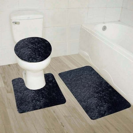 9 Black 3 Piece Solid Plain Shaggy Bathroom Rug Set Large Bath