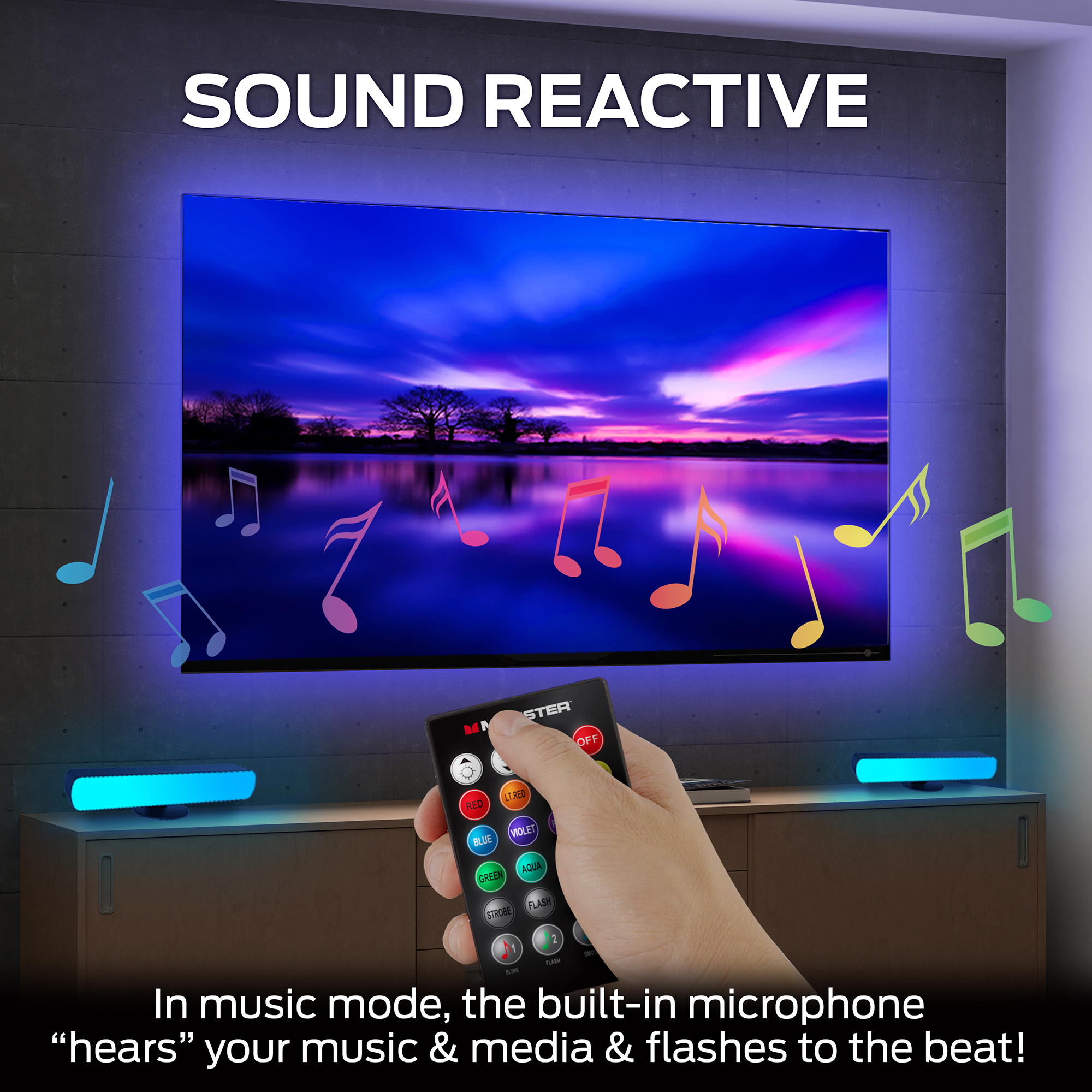 Monster LED 5 Piece  Sound Reactive Multi-color Indoor LED Light Kit, 2 Light bars, 2 Light Strips - image 4 of 8