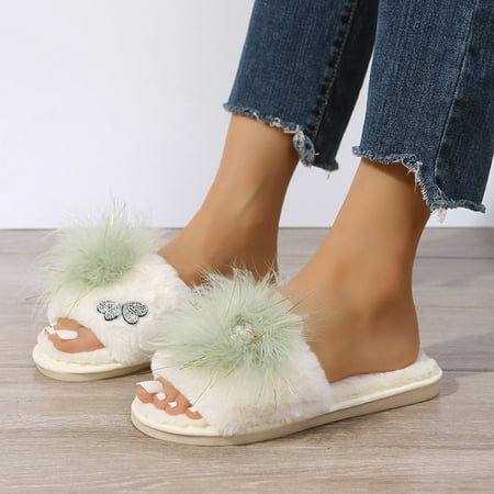 

Ladies Fashion Rhinestone Butterfly Decorative Open Toe Fluffy Cotton Flat Slippers Green 6