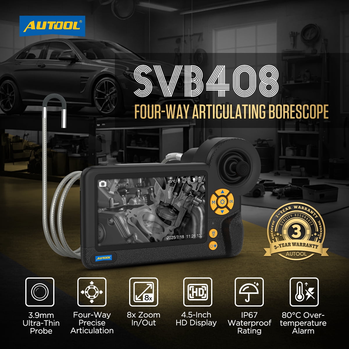 AUTOOL SVB408 Four-Way Endoscope Camera, 1080P HD Articulating Borescope Industrial Inspection Camera, 3.9mm Ultra-Thin Probe