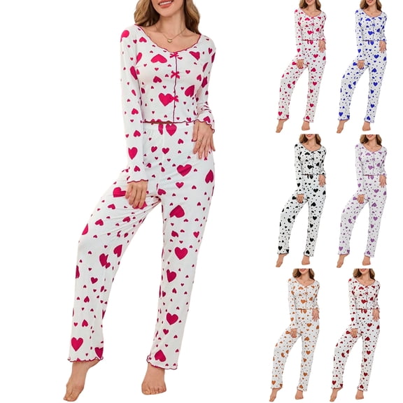 Youpwaven Women's Heart Print Valentine’s Pajama Set – Long Sleeve V-Neck Loungewear with Ruffled Trim & Elastic Waist - Slim Fit Sleepwear Set for Women, Black, Size L