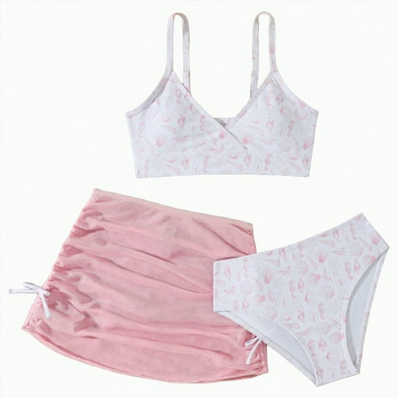 TOWED22 Girls Swimsuits 3 Piece Bathing Suit Bikini Set with Sporty Shorts Beach Swimwear for Girl 8-15 Years(Pink,8-9 Y)